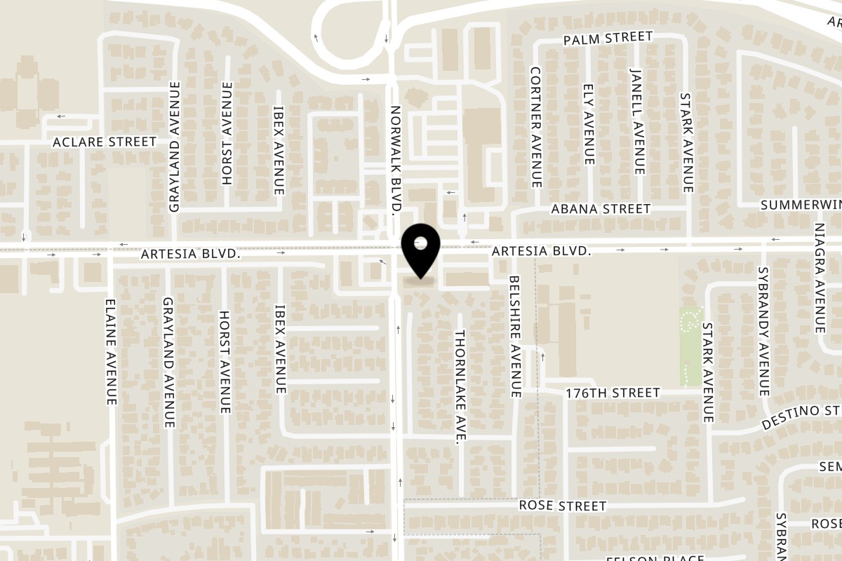 Map showing the location of The Fish n Chips on 12206 Artesia Blvd in Artesia